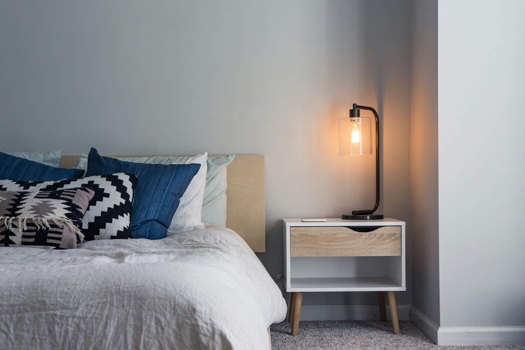 Linen Bedroom · Low Bed in Warm Grey