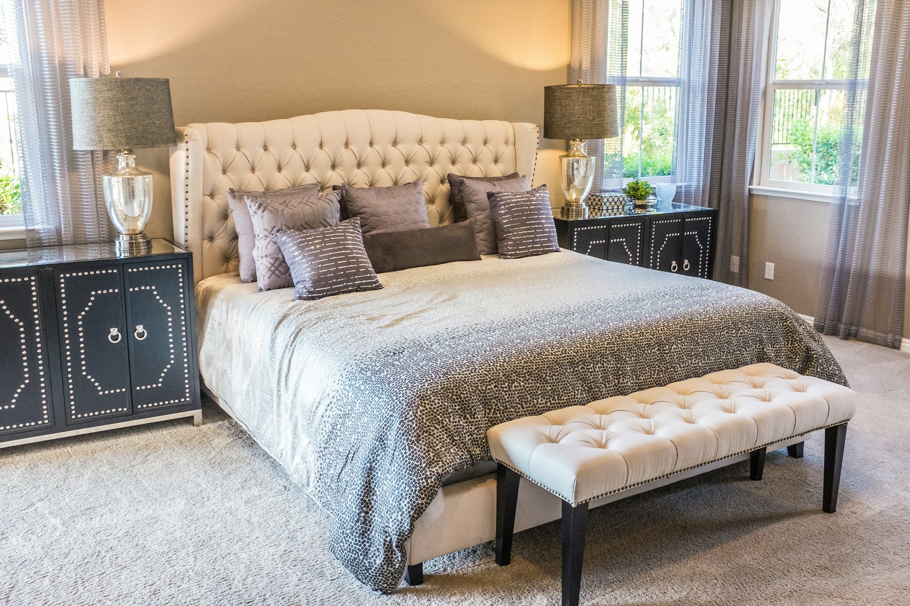 Linen Bedroom · Low Bed in Warm Grey